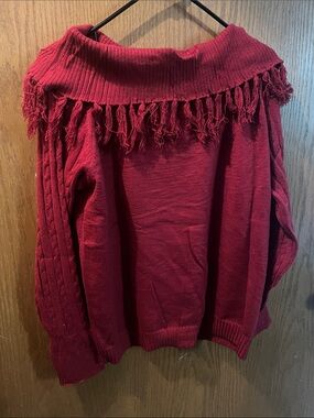 Fringed Off-Shoulder Knit Sweater - Burgundy